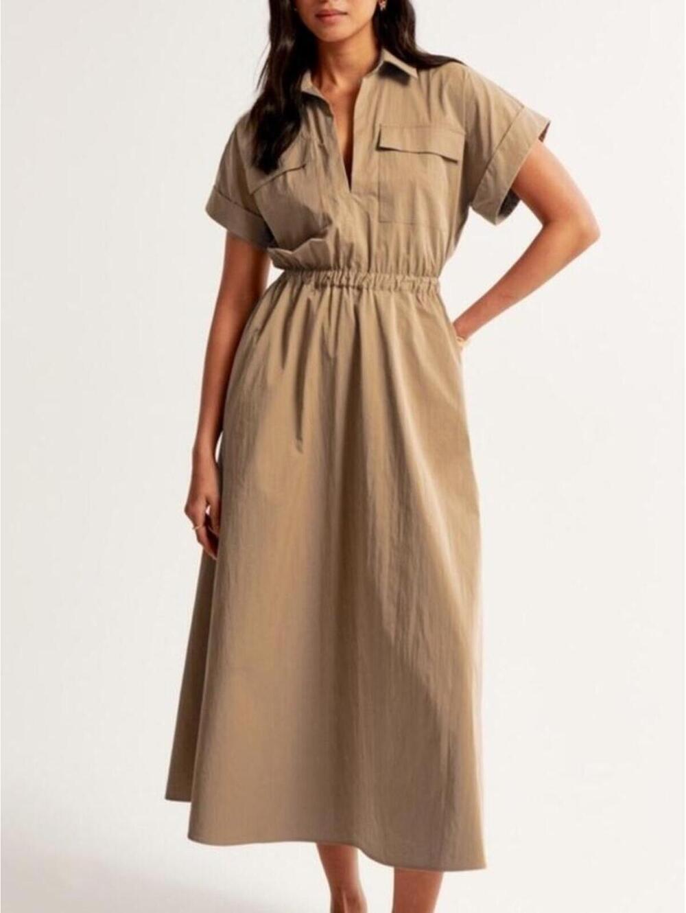 Abercrombie & Fitch Khaki Utility Shirt Dress Small Midi Maxi Safari Shirt Dress
